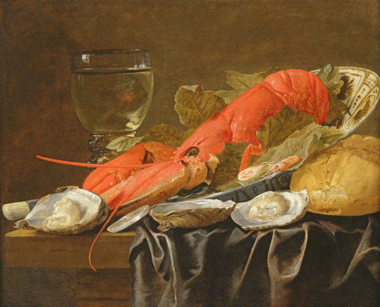Ainda vida com lagosta, camarão, roemer, ostras e pão (óleo sobre cobre) de Christiaan Luykx or Luycks