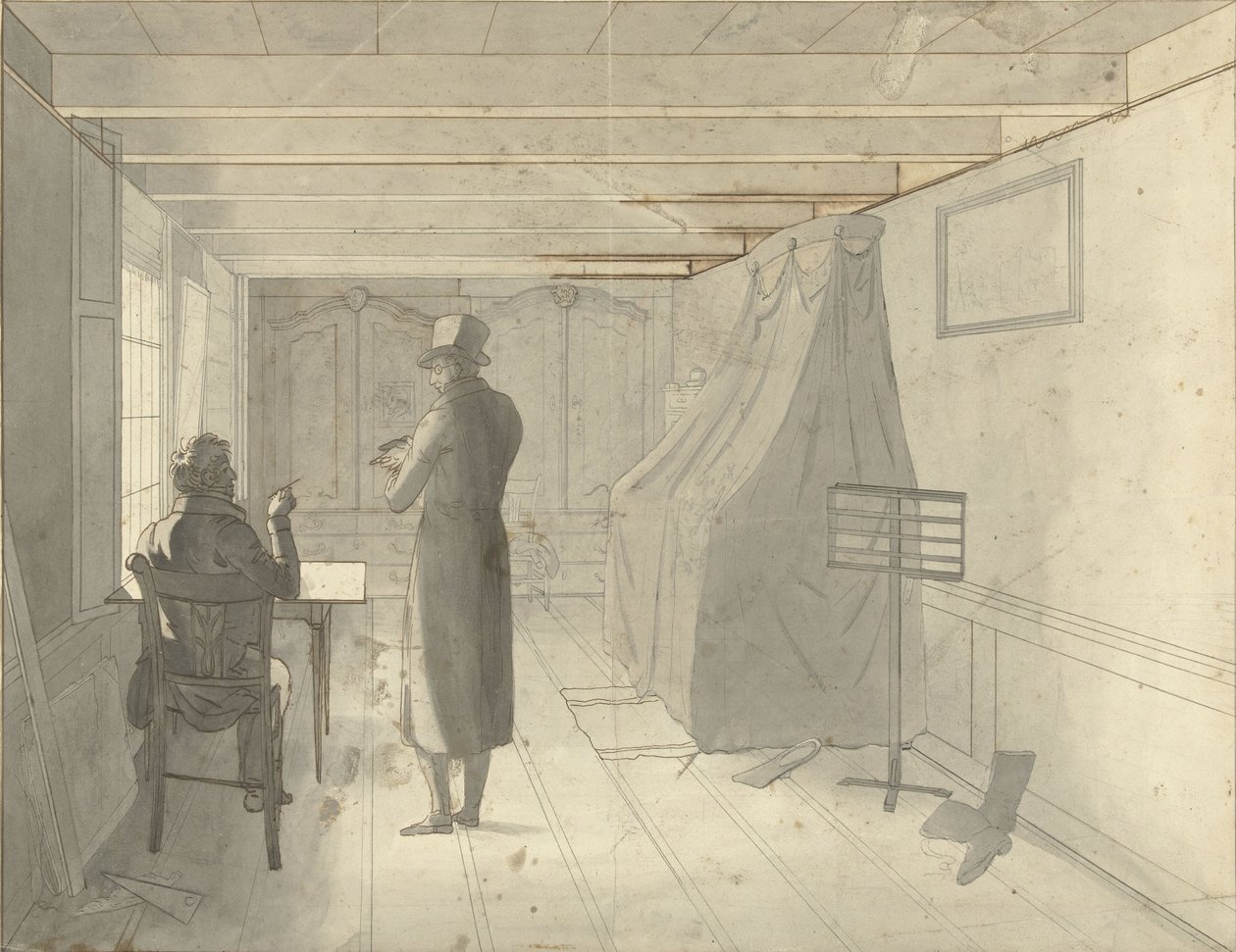 Interior com dois homens incluindo um desenhista de Christiaan Andriessen