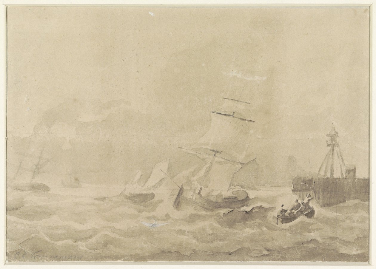 Mar agitado com navios à vela de Christiaan Cornelis Kannemans