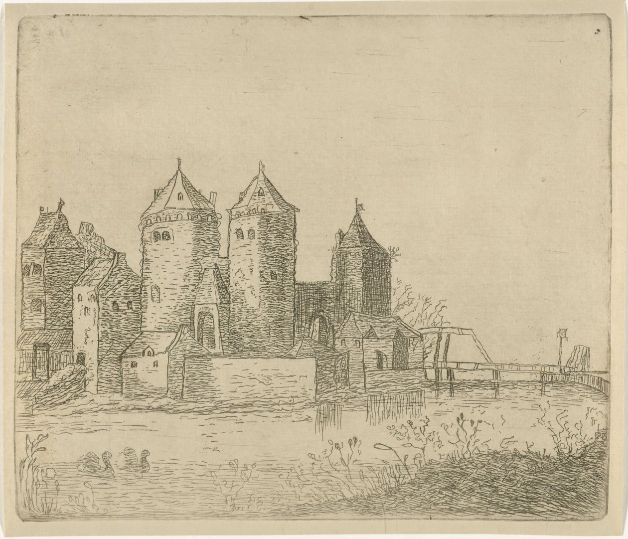 Vista de um castelo com um fosso de Christiaan Friedrich Ruppe