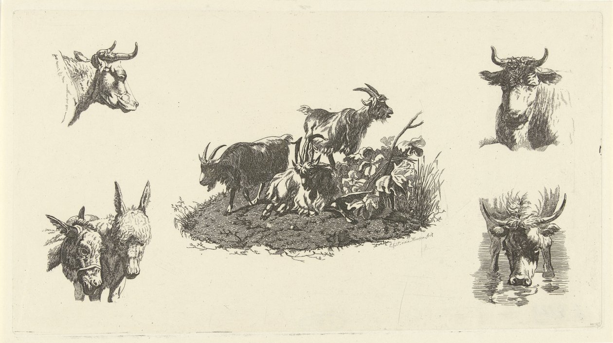 Três cabras com cabeças de vaca e cabeças de burro de cada lado de Christiaan Godfried Schutze van Houten