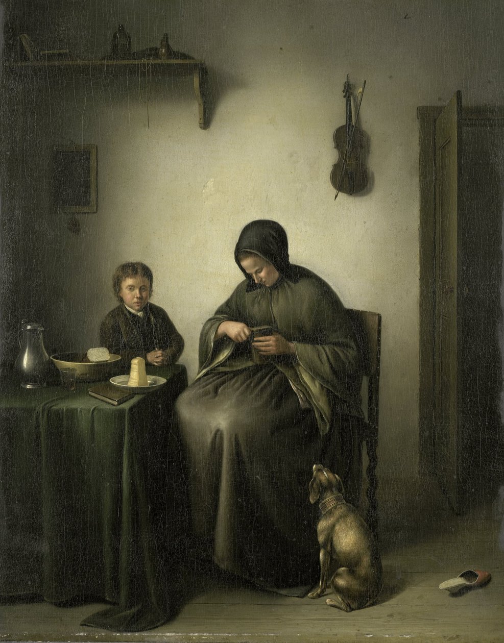 Uma Mulher a Cortar Pão, c.1800-1823 (óleo sobre painel) de Christiaan Johannes Janson