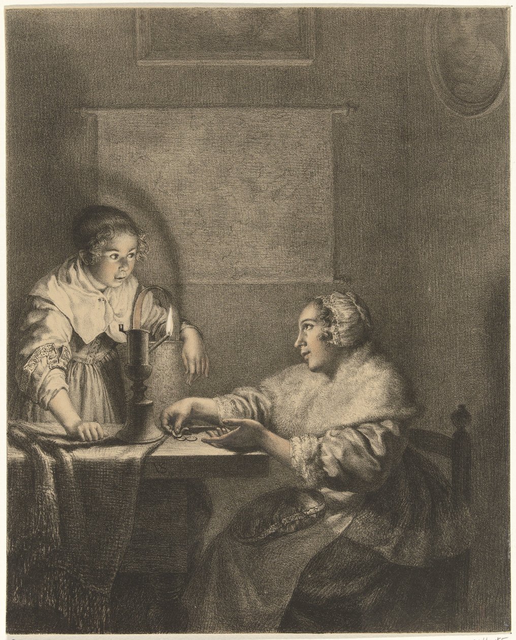 Interior com senhora e empregada à luz de velas de Christiaan Josi