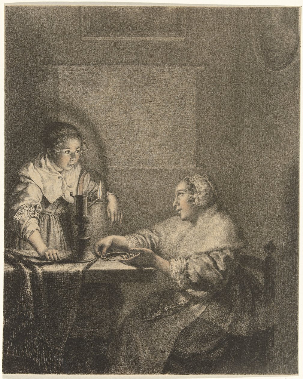 Interior com senhora e criada à luz de velas de Christiaan Josi