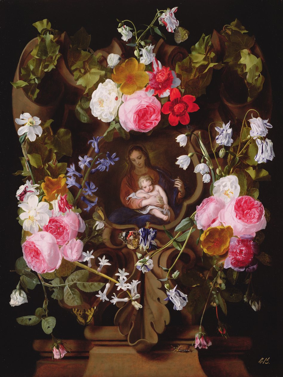 Madonna e criança cercada por uma guirlanda de flores (Madonna e criança por outro lado) de Christiaan Luykx or Luycks