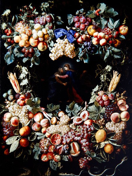 A Visitação em uma Garland de Frutas (óleo sobre tela) de Christiaan Luykx or Luycks