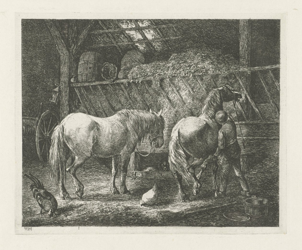 Interior estável com dois cavalos de Christiaan Wilhelmus Moorrees