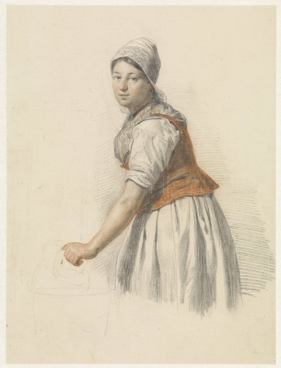 Mulher em pé com balde, à esquerda de Christiaan van Geelen jr.