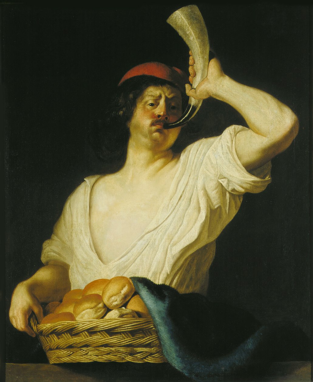 Um padeiro soprando seu chifre, 1650. de Christiaen van Couwenbergh