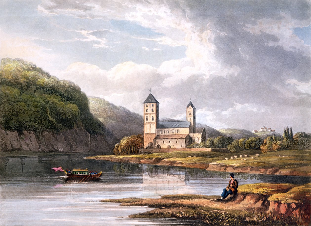 A Igreja de Johannes no afluxo do Lahn, gravada por T. Sutherland, de "Uma viagem pitoresca ao longo do Reno, de Mentz a Colônia", publicado por R. Ackermann, Londres, 1819 de Christian Georg II Schutz or Schuz