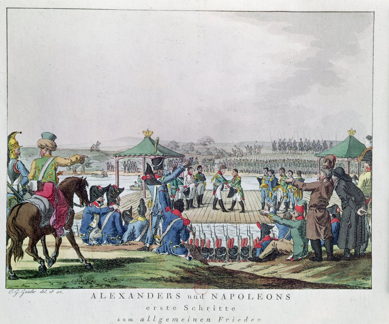 Alexandre I (1777-1825) e Napoleão (1769-1821) dão os primeiros passos rumo a um estado geral de paz, 26 de junho de 1807 (gravura a cores) de Christian Gottfried Geissler