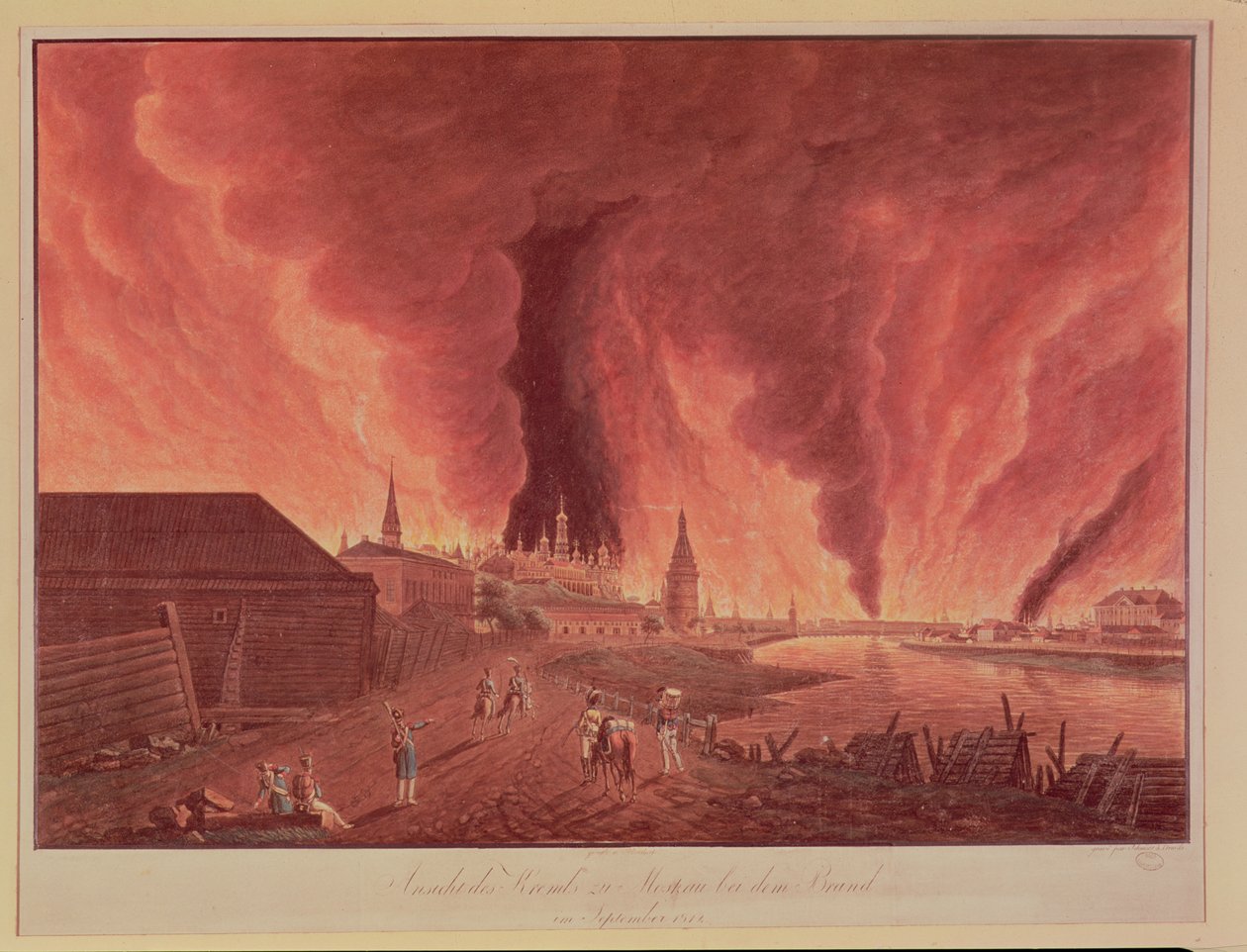 Vista do Kremlin, durante o incêndio de Moscou de setembro de 1812, gravado por Schmidt de Christian Johann Oldendorp