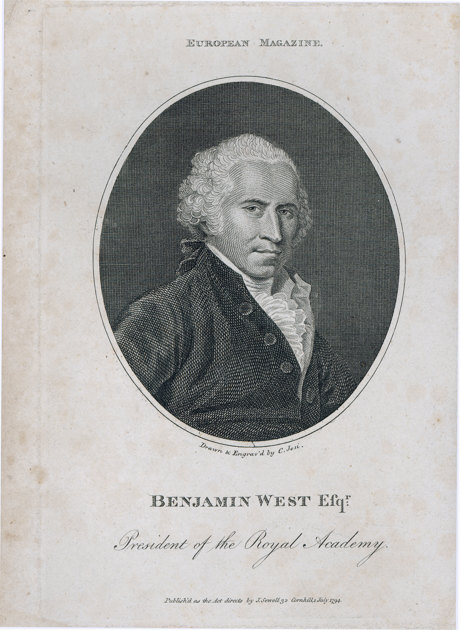 Retrato de Benjamin West (1738-1820), Presidente da Academia Real, gravado pelo artista, 1794 de Christian Josi