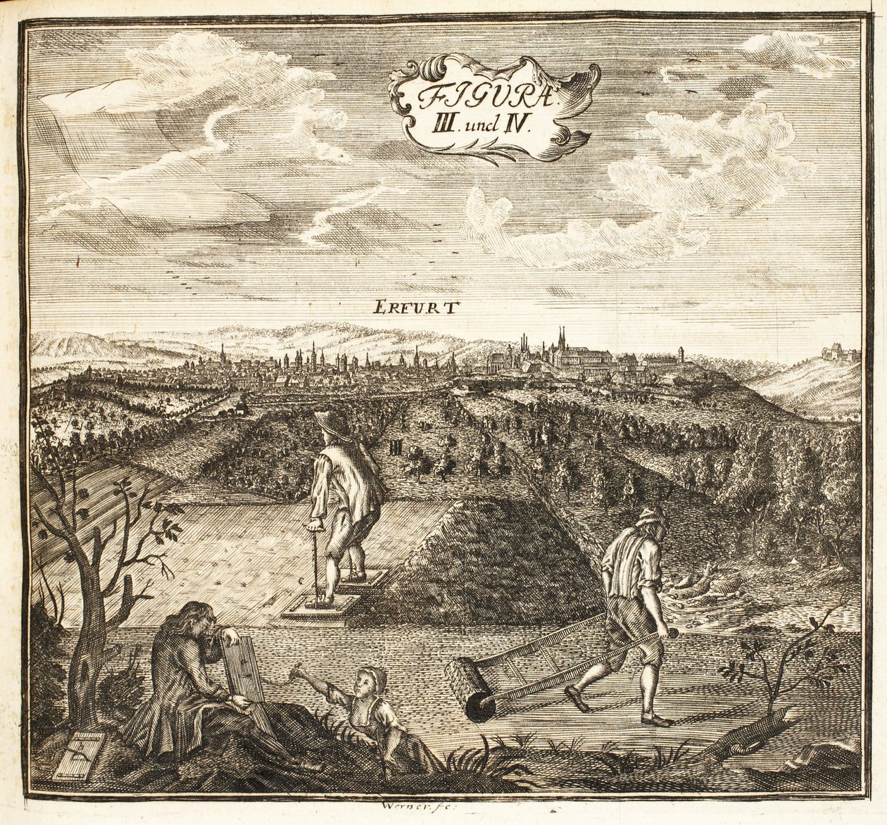 Jardineiros preparando o terreno para a semeadura, pub. Erfurt na Turíngia, 1753-55 gravura de Christian Reicharts