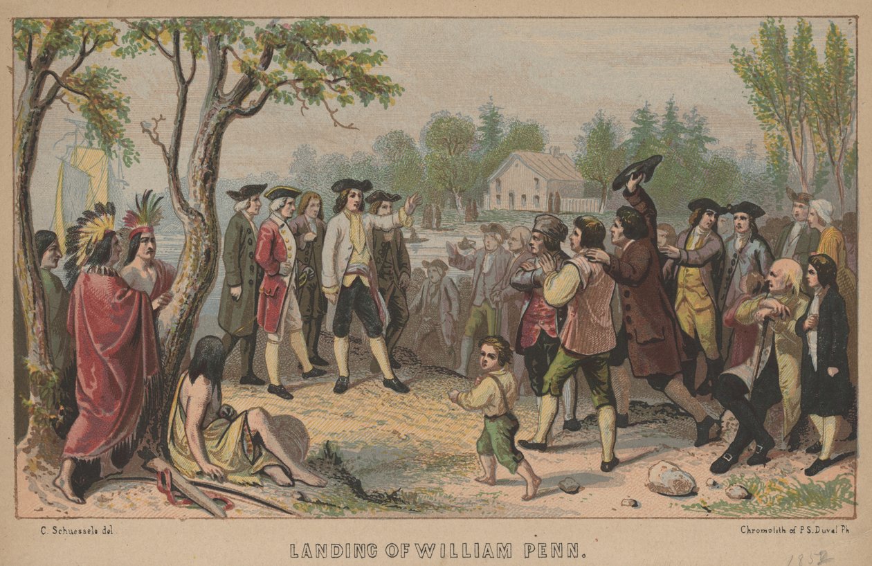 Aterrissagem de William Penn, litho por PS Duval, 1852 (chromolitho) de Christian Schuessele