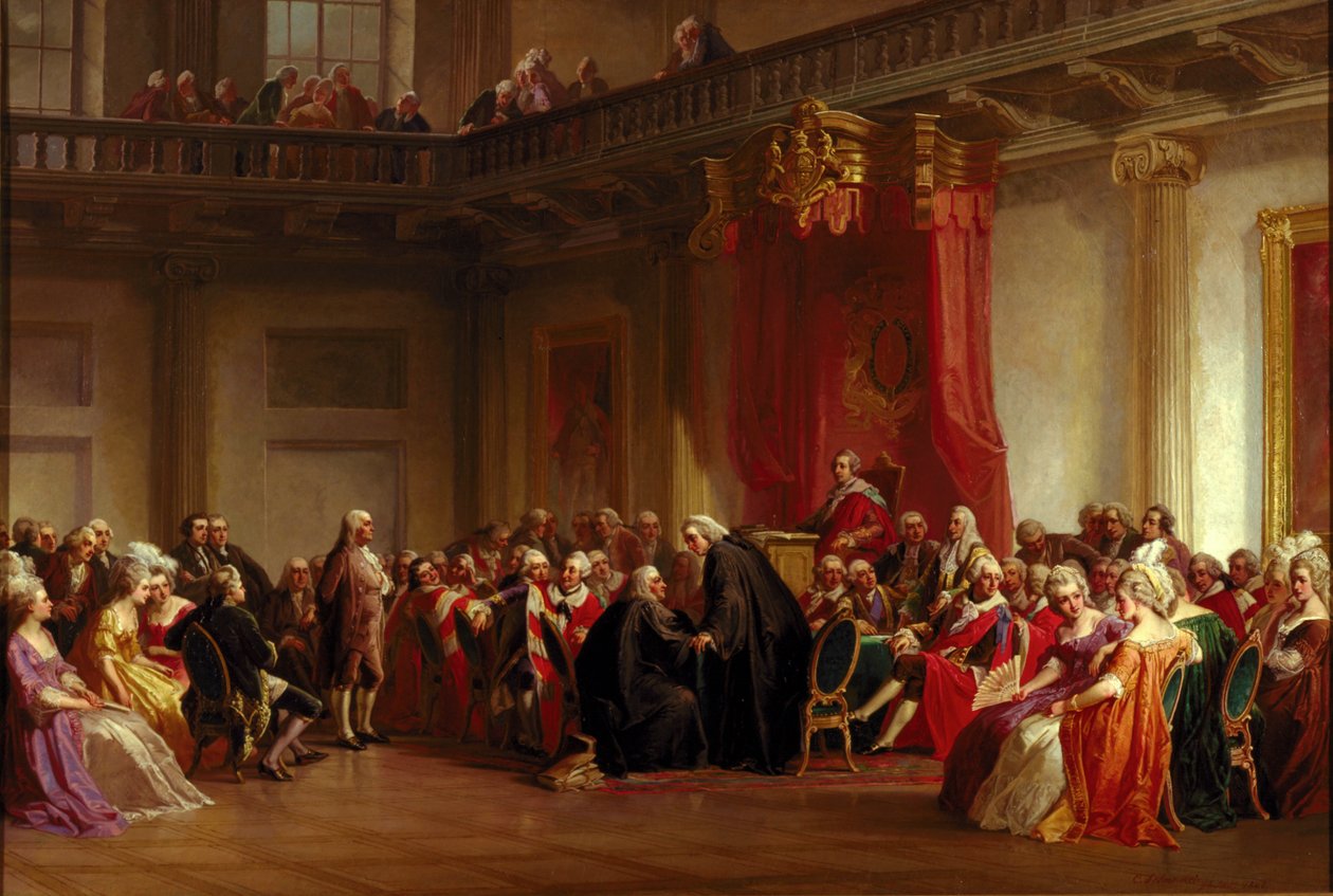 Benjamin Franklin aparece antes do Conselho Privado de Christian Schussele