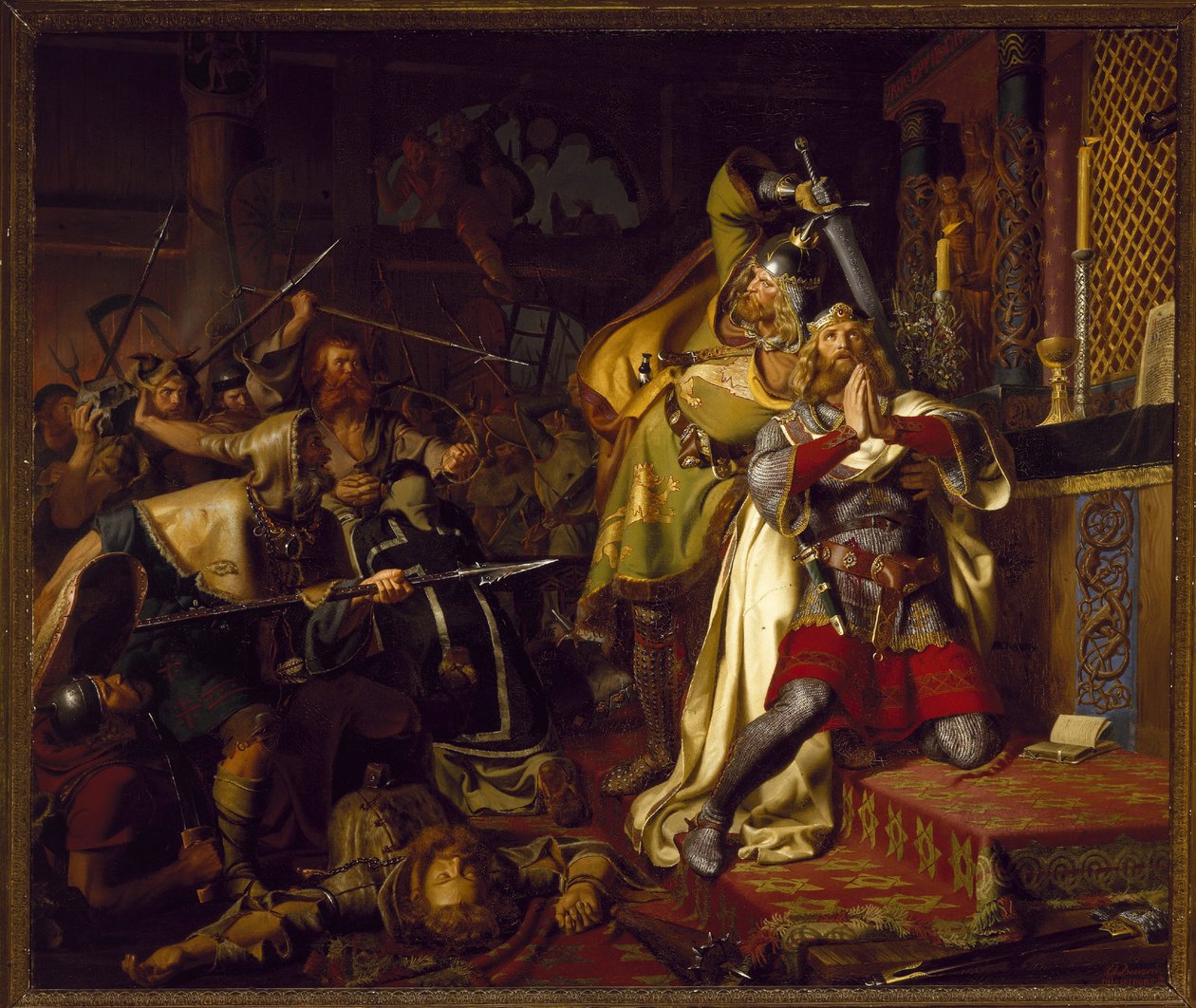 Mort de Knut (Canut, Knud) IV de Danemark le Saint (1040-1086) - A morte de Canuto IV da Dinamarca na Igreja de Saint Albanus (O assassinato de Canuto o Santo) por Christian Albrecht von Benzon (1816-1849) de Christian Albrecht von Benzon