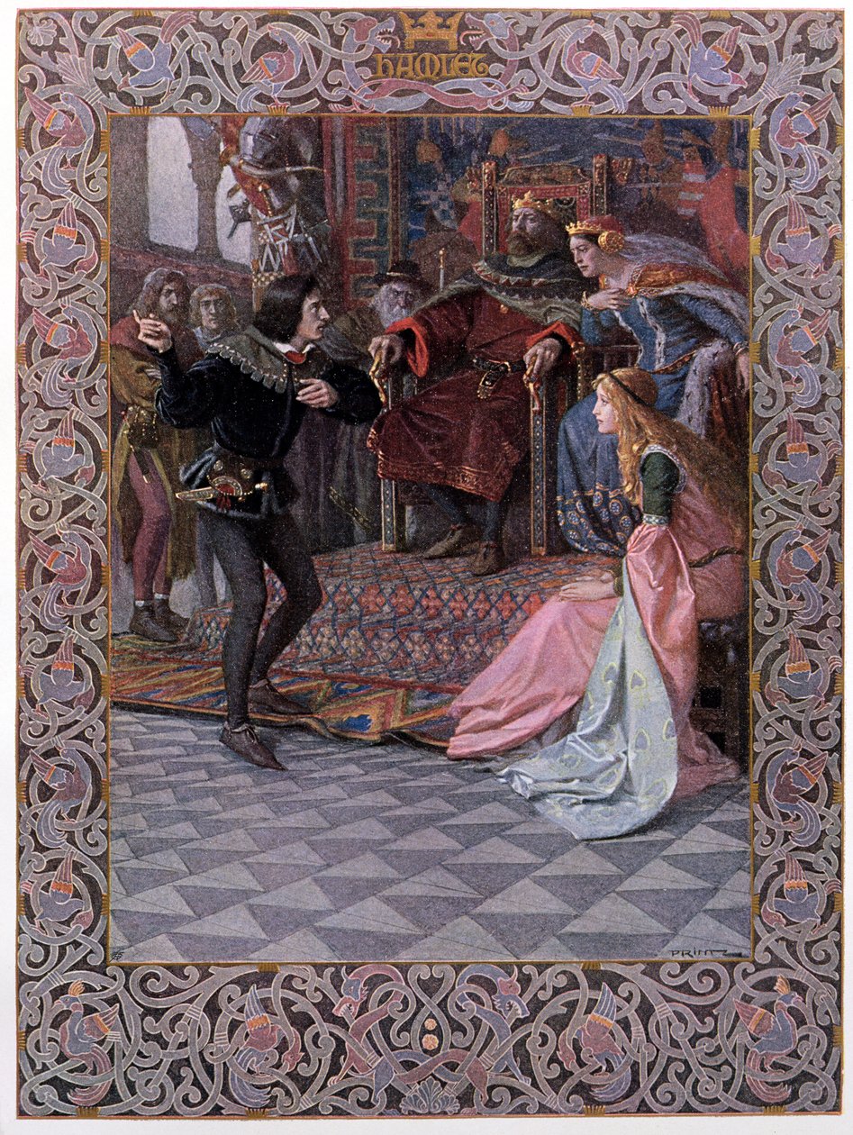 Hamlet diante do rei Cláudio, a rainha Gertrude e Ofélia, cena de &39;Hamlet&39; por William Shakespeare (1564-1616) c.1900 de Christian August Printz