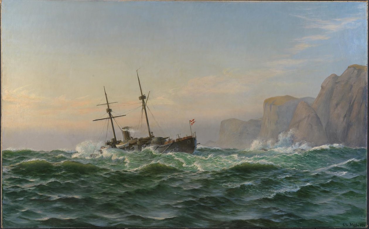 O navio blindado "Iver Hvitfeldt" passa Forbjerget Stat a caminho de Trondhjem no verão de 1893 de Christian Blache