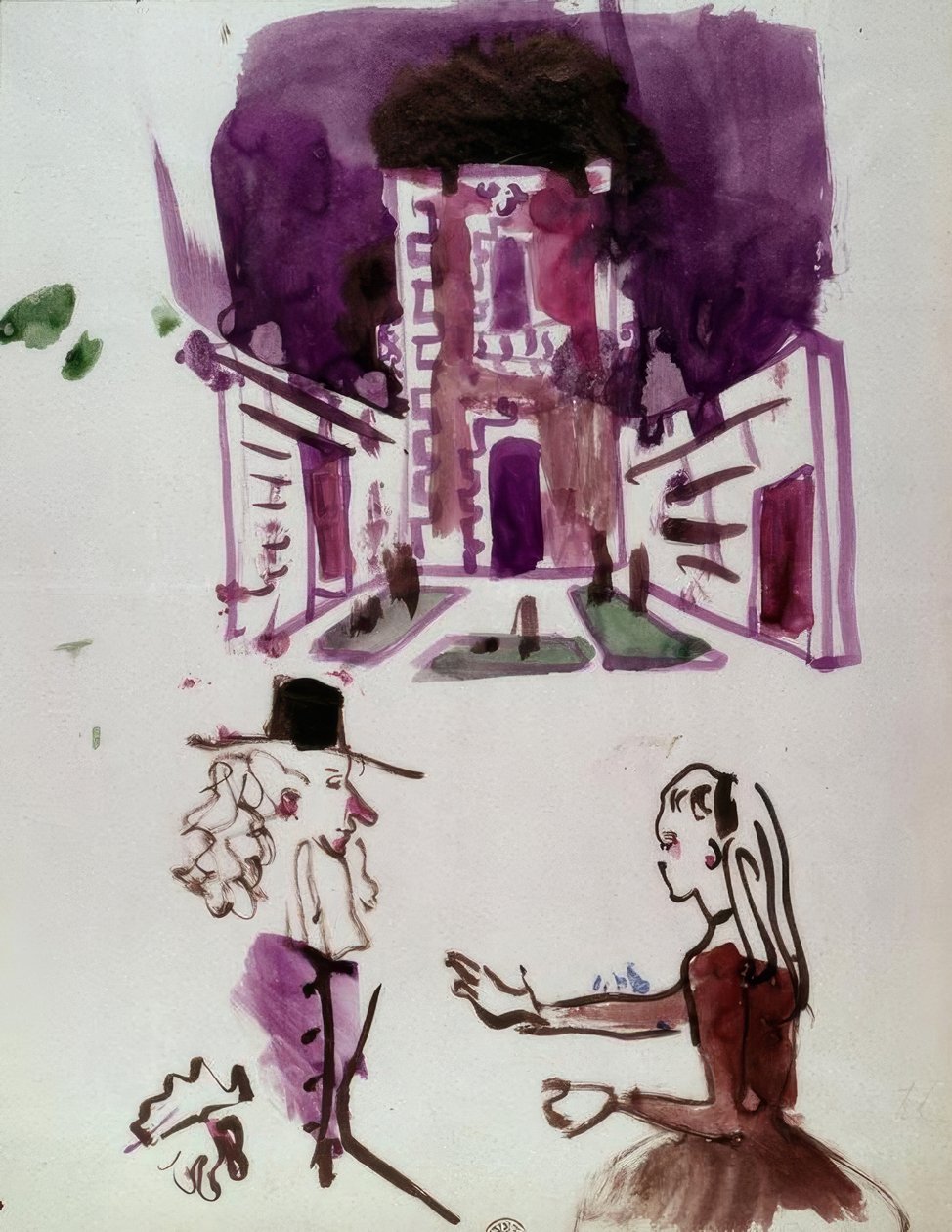 Desenho do palco e figuras de Dorante e Angélique de Christian Bérard