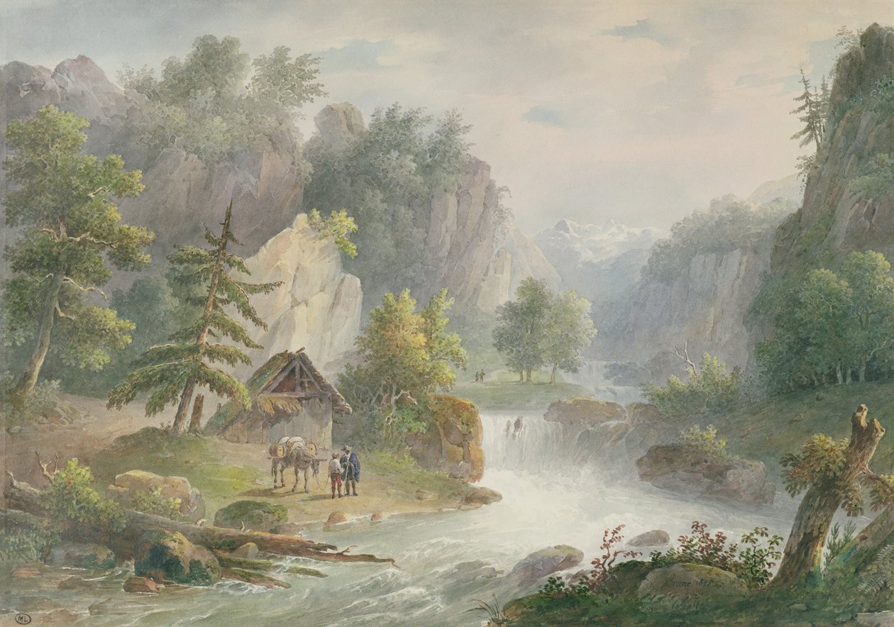 Paisagem montanhosa com uma torrente, 1825 (wc no papel) de Christian Brune