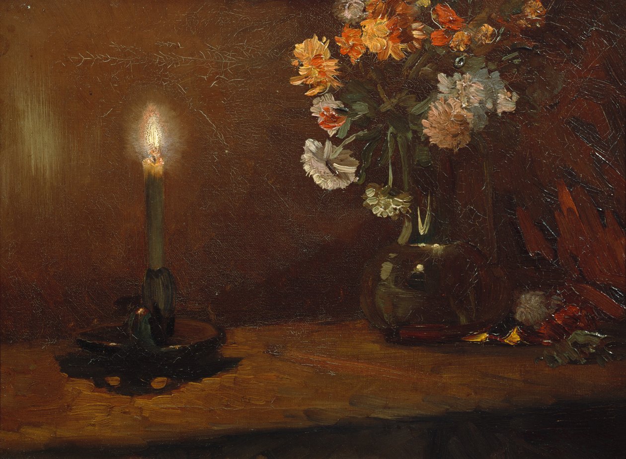 Arranjo com vela e flores em vaso de Christian Eriksen Skredsvig