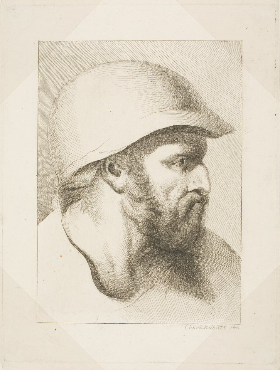 Cabeça de homem barbudo com capacete de aço de Christian Frederick Köhlitz