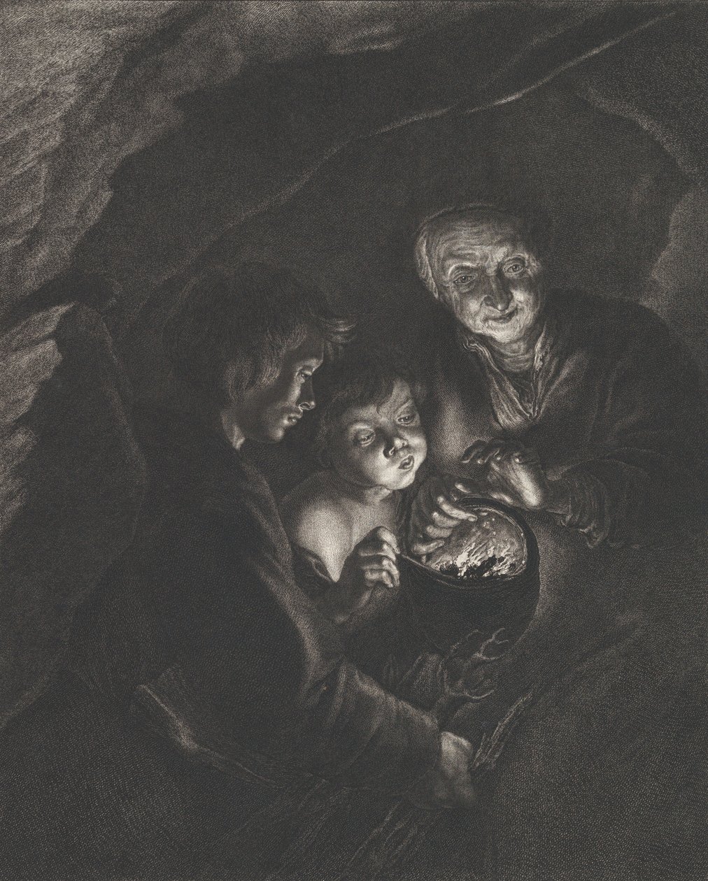 Cena noturna em uma caverna com uma velha segurando brasas em uma panela, um menino soprando..., ca. 1750-57 de Christian Friedrich Boëtius