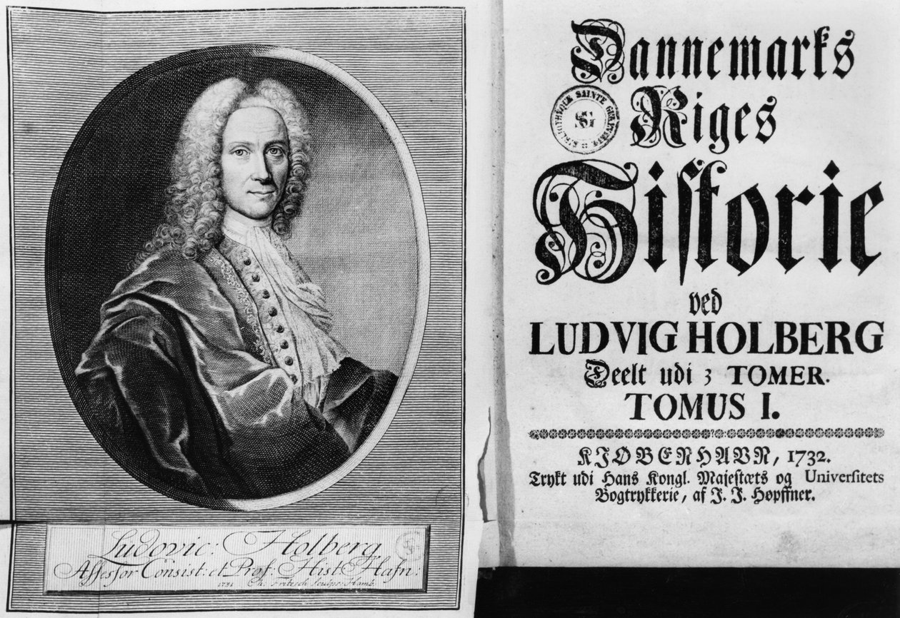 Barão Ludvig Holberg (1684-1754) e a página de rosto do Volume I de sua História da Dinamarca, publicada em Copenhague, 1732 de Christian Friedrich Fritzsch