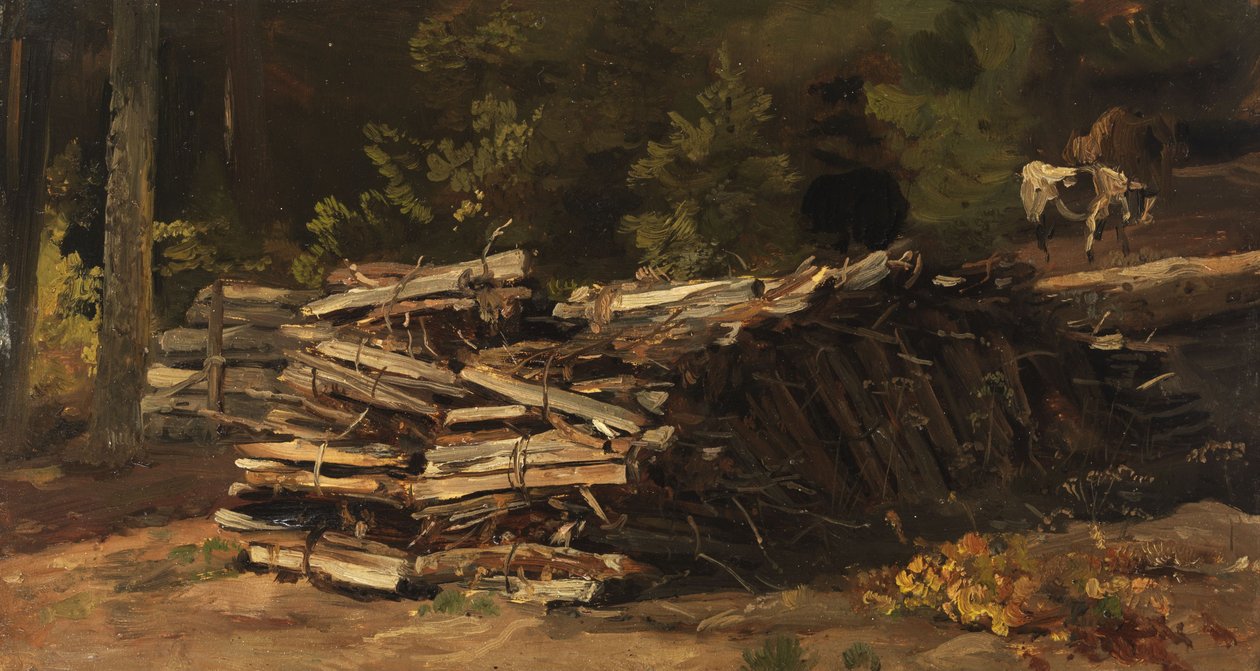 Alemão: Holzstoß am Waldrand Pilha de madeira na orla da floresta de Christian Friedrich Gille
