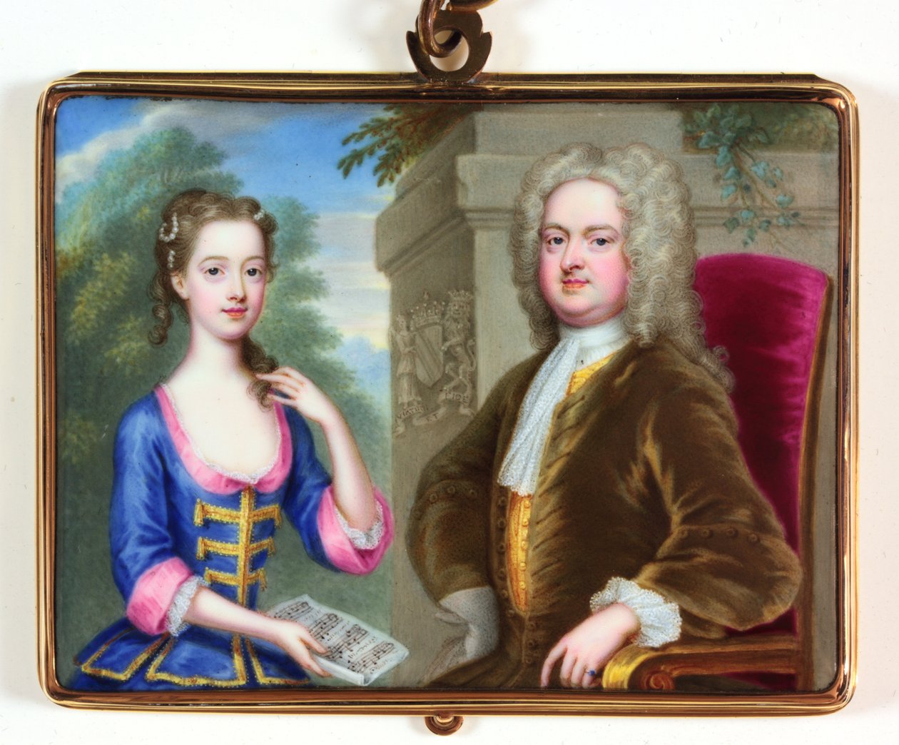 Lady Margaret Cavendish Holles Harley e seu pai Edward Harley (esmalte) de Christian Friedrich Zincke