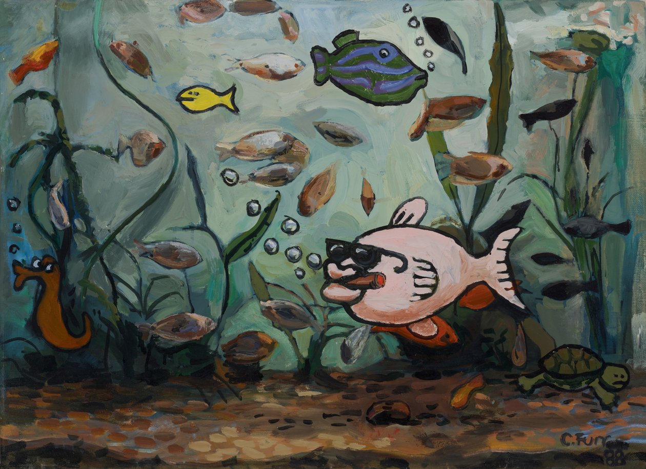 Grande peixe cor-de-rosa no mundo dos peixes 1988 (óleo sobre tela) de Christian Furr