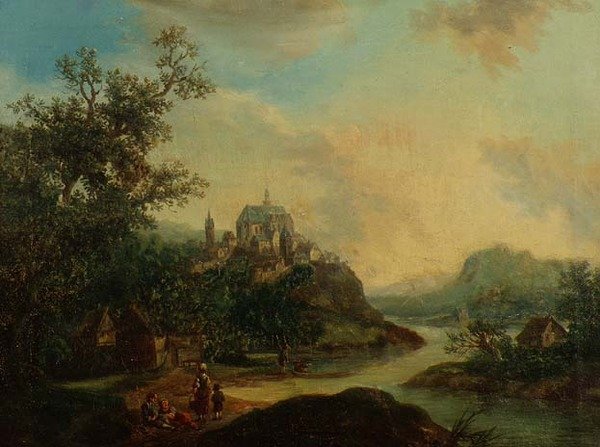 Uma vista da Renânia com figuras em primeiro plano e uma cidade fortificada em uma colina além de Christian Georg II Schutz or Schuz