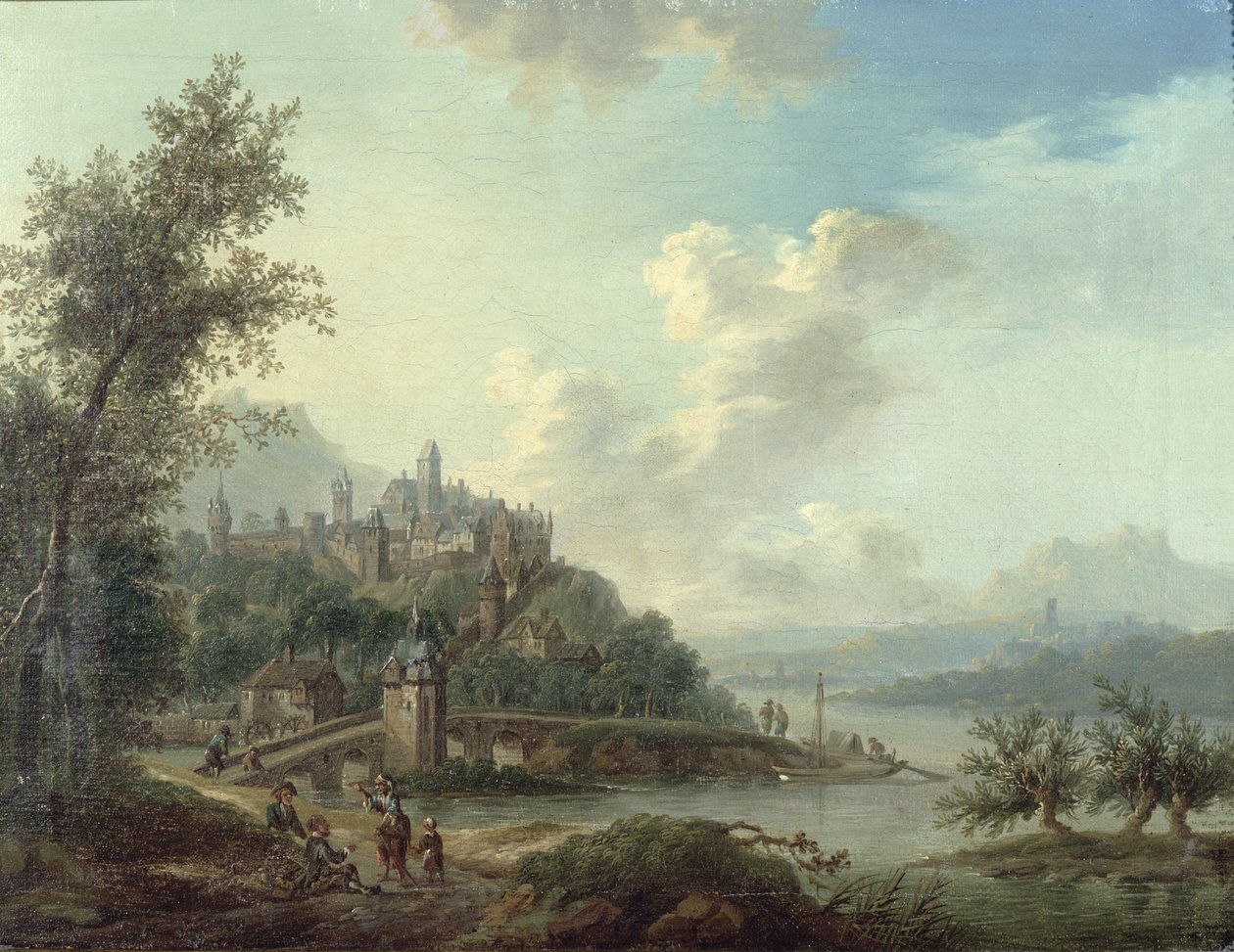 Uma vista de Rhineland com uma ponte e figuras em primeiro plano e uma cidade fortificada em uma colina além de Christian Georg II Schutz or Schuz