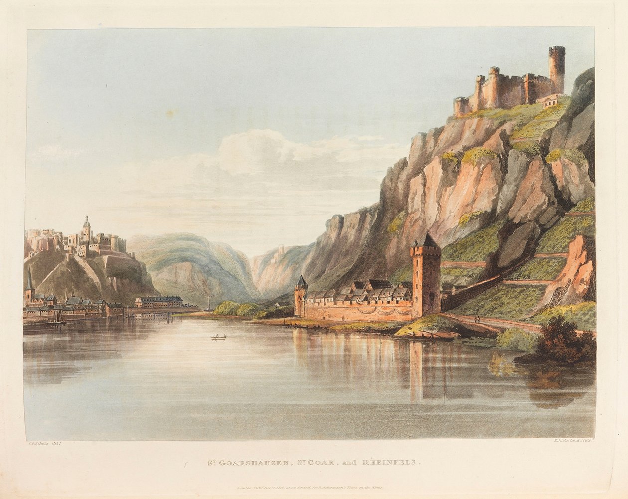 St. Goarshausen, St. Goar e Rheinfels. De: Um passeio pitoresco ao longo do Reno, 1820. de Christian Georg Schütz the Younger