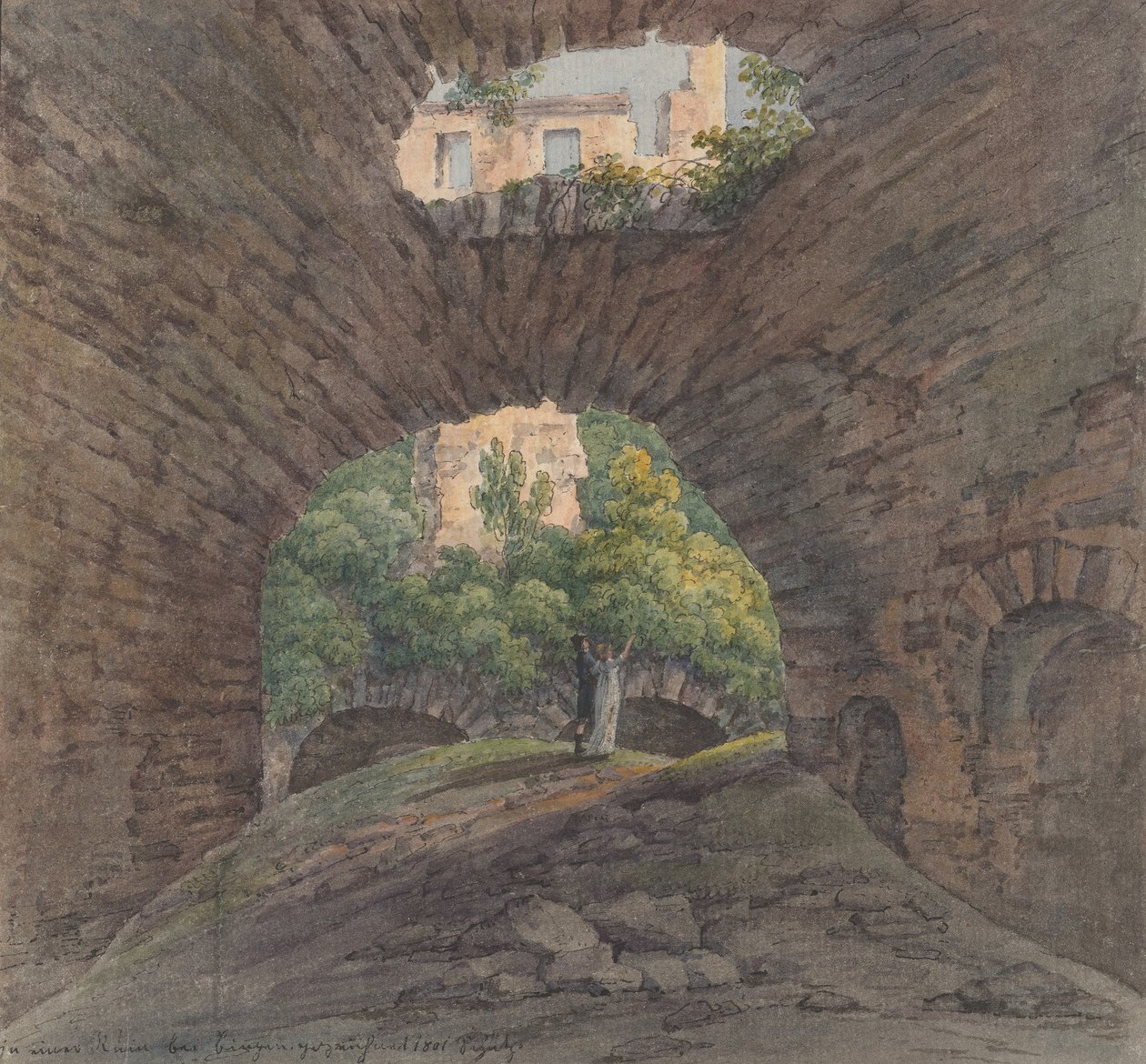 Um jovem casal vendo ruínas perto de Bingen, 1801. de Christian Georg Schutz