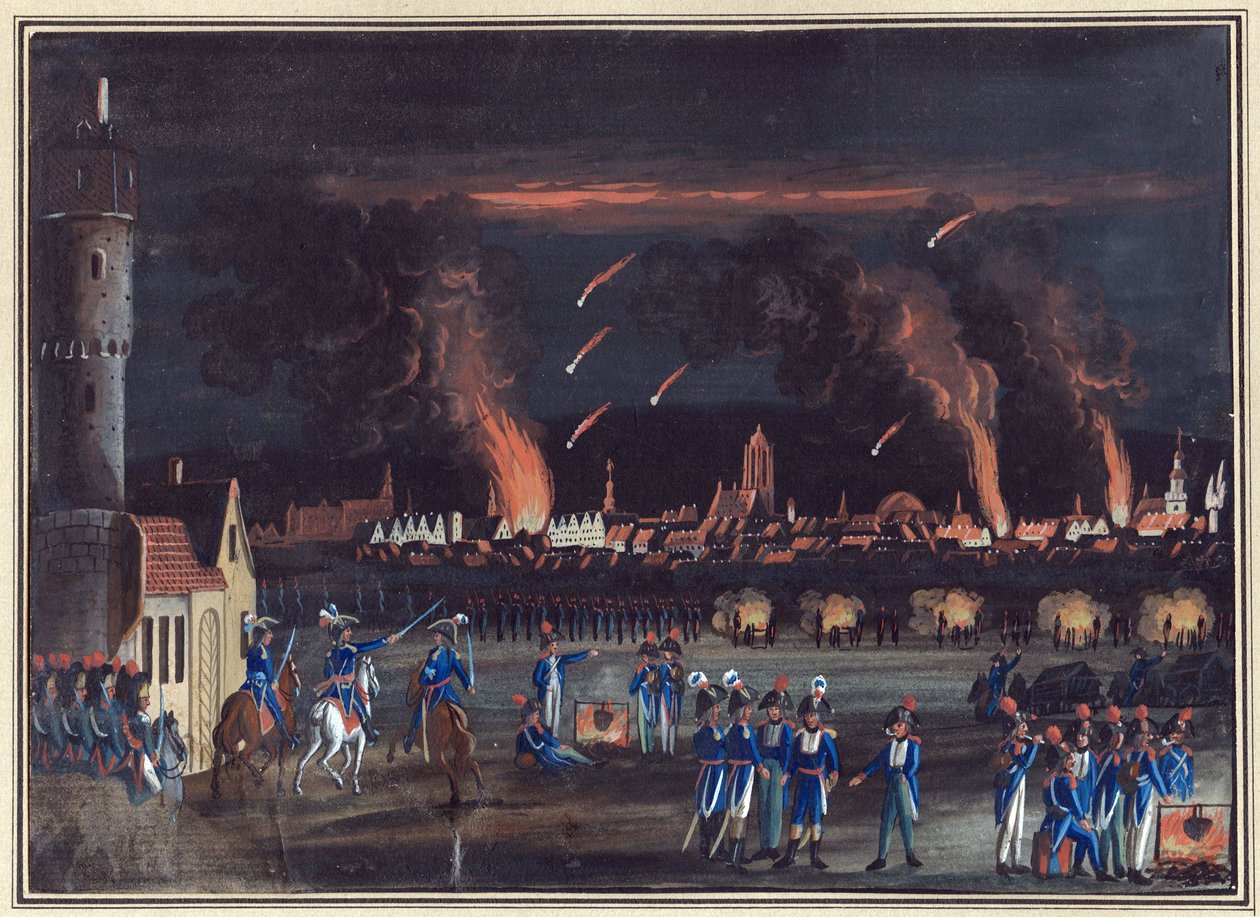 Premiere Coalition - 13 juin 1796 : bombardement de Francfort-sur-le-Main (Francfort) par les Francais Bombardment of Frankfurt am Main by the French Army, 13 de Julho de Christian Georg the Elder Schuetz