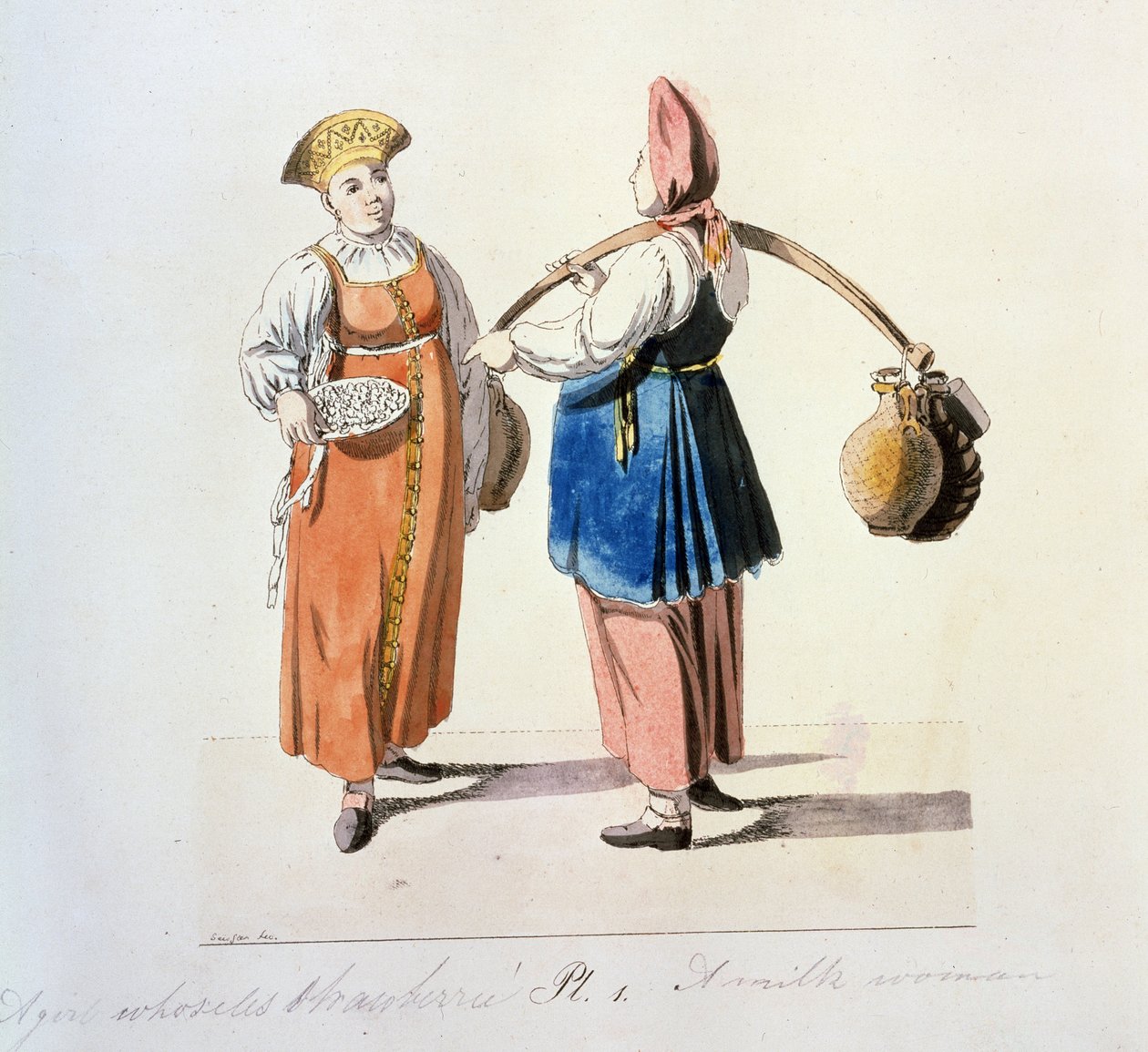 Serie sur les marchands de Moscou : laitiere. Dairywoman (Da série The Moscow Merchants). Dessin de Christian Gottfried Heinrich Geissler (1770-1844) de Christian Gottfried Geissler