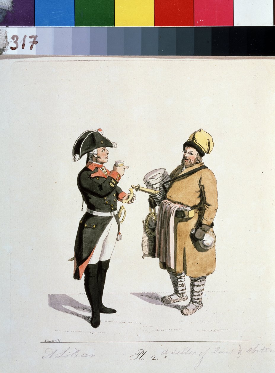 Serie sur les marchands de Moscou : vendeur de sbiten. Sbiten vendor (da série The Moscow Merchants). Dessin por Christian Gottfried Heinrich Geissler (1770-1844) de Christian Gottfried Geissler