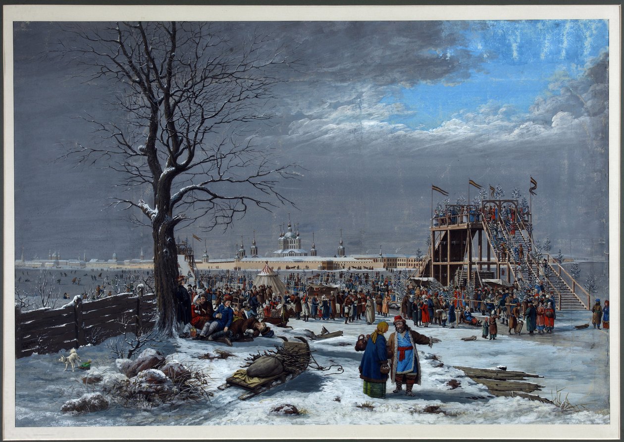 As montanhas russas no Neva, perto do Convento de Smolny em São Petersburgo - Christian Gottfried Heinrich Geissler (1770-1844). Gravura em cobre, aguarela de Christian Gottfried Geissler