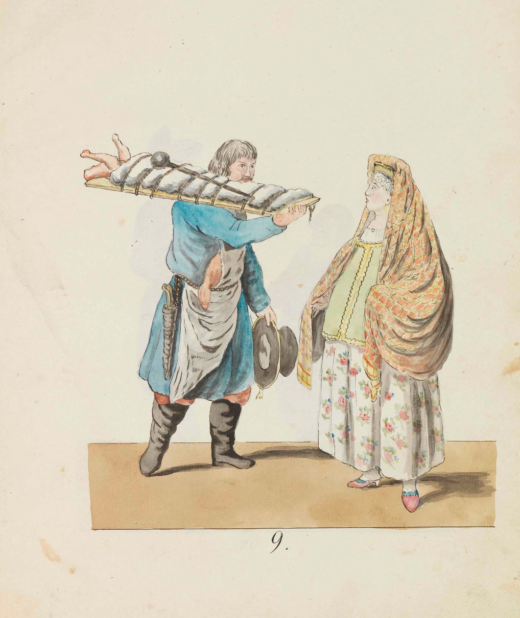 Açougueiro com porco na tábua e comerciante Da série The St. Petersburg..., 1799. de Christian Gottfried Heinrich Geissler