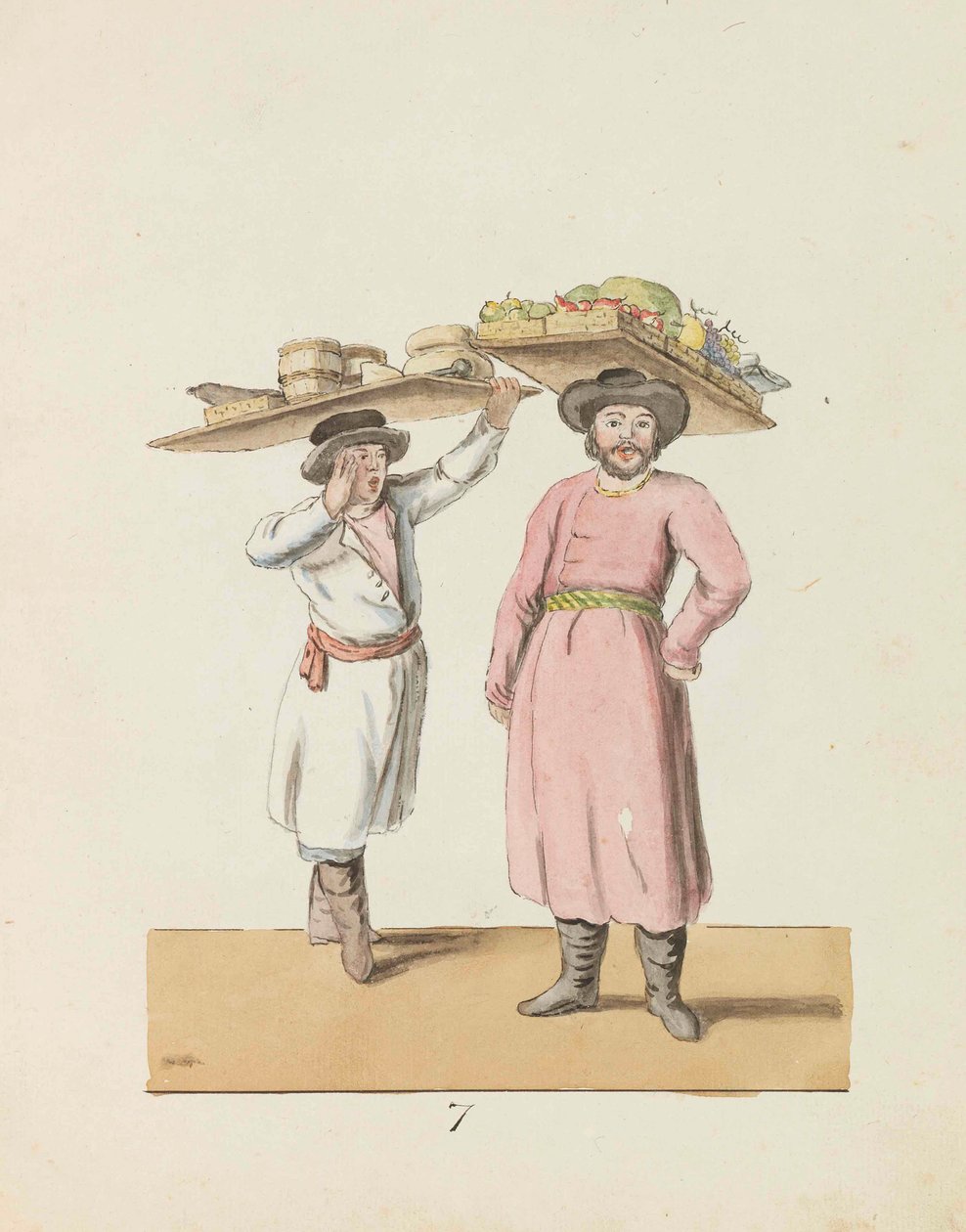 Vendedor de frutas e camponês vendendo queijo e arenque Da série The St. Petersburg..., 1799. de Christian Gottfried Heinrich Geissler
