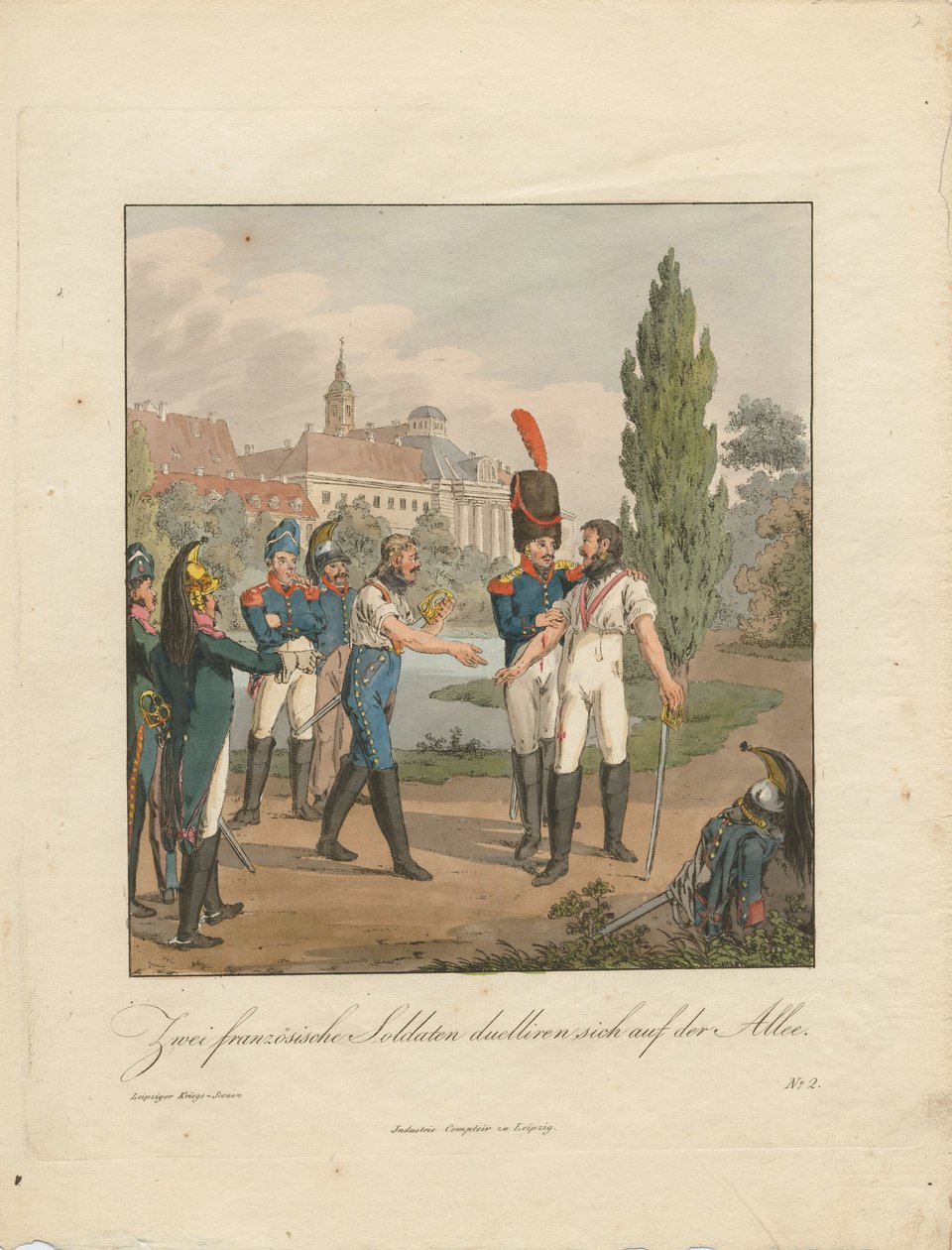 Dois soldados franceses lutando um duelo em uma avenida de Christian Gottfried Heinrich Geissler