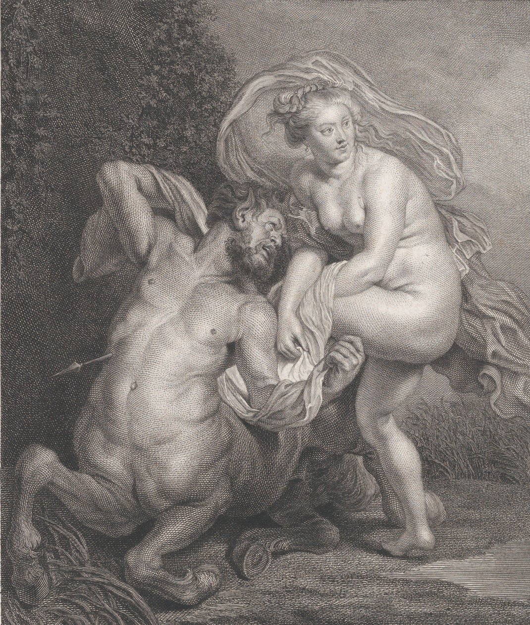 Deianeira recebendo a túnica envenenada de Nessus, e o centauro ferido caindo ao..., 1778. de Christian Gottfried Schulze