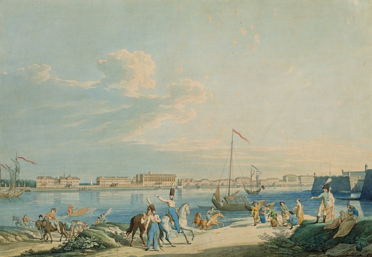 Vista do Palácio de Mármore e do lado norte da Fortaleza de Pedro e Paulo, São Petersburgo (gravura com wc) de Christian Gottlob Hammer