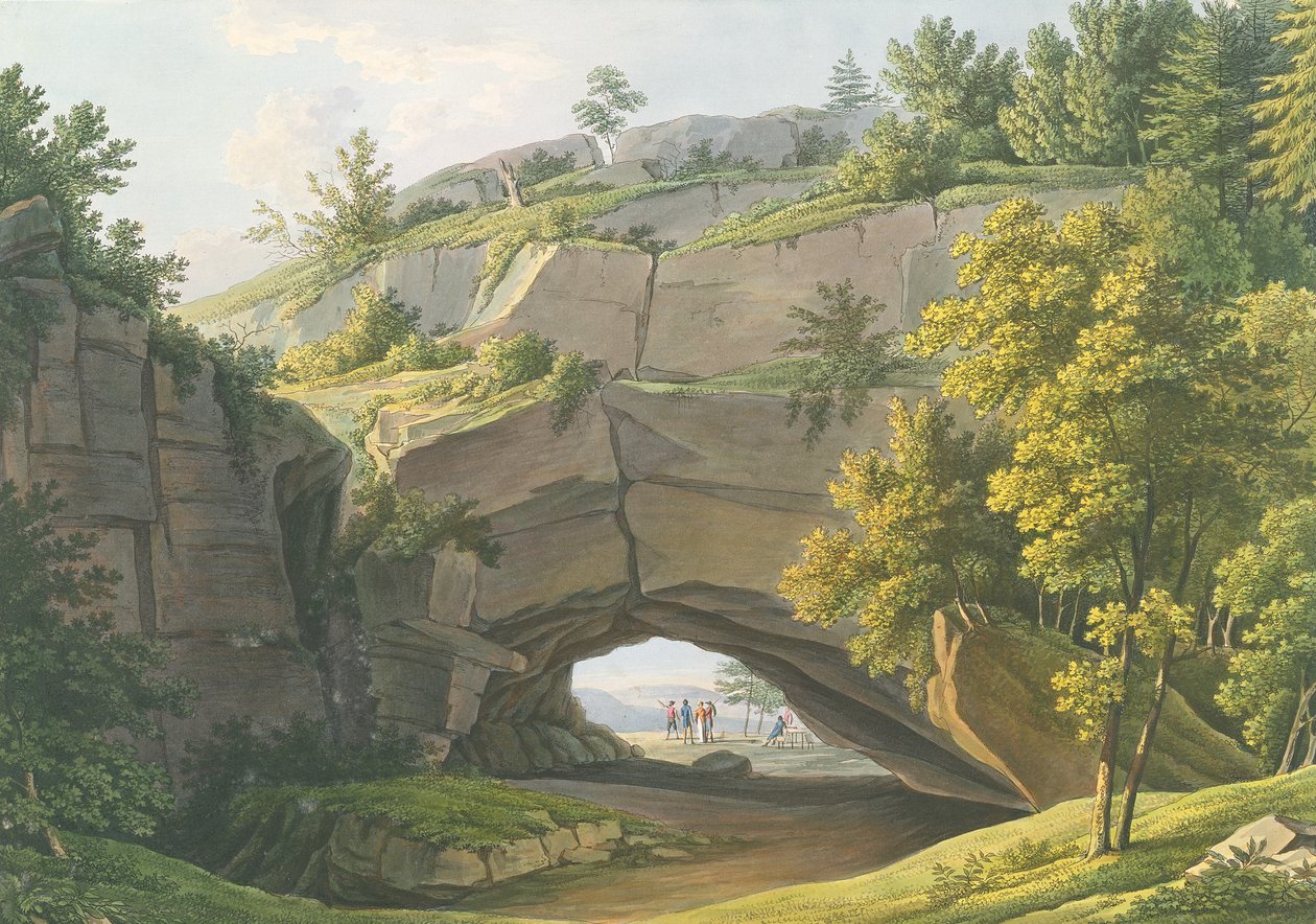 Vista da famosa caverna de Kuhstall na Suíça Saxônica (gravura com wc) de Christian Gottlob Hammer