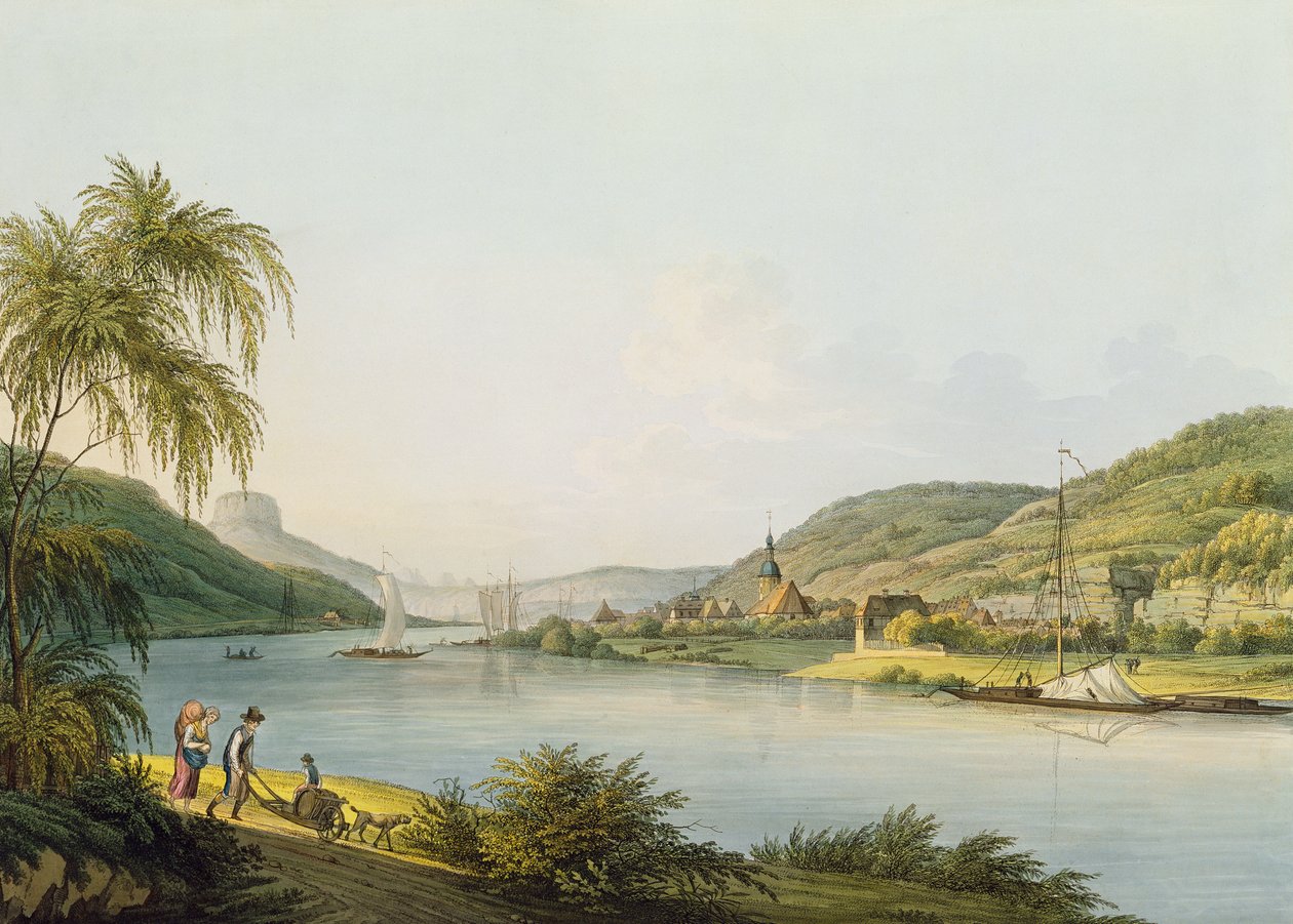 Vista da parte sul de Schandau no Rio Elba na Saxônia, na fronteira da Boêmia (gravura com aquarela) de Christian Gottlob Hammer