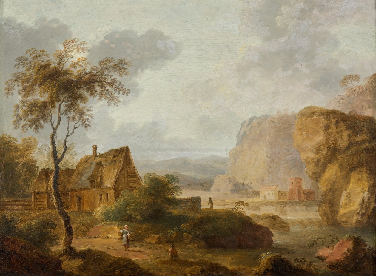 Paisagem de montanha com rio e quinta de Christian Hilfgott Brand