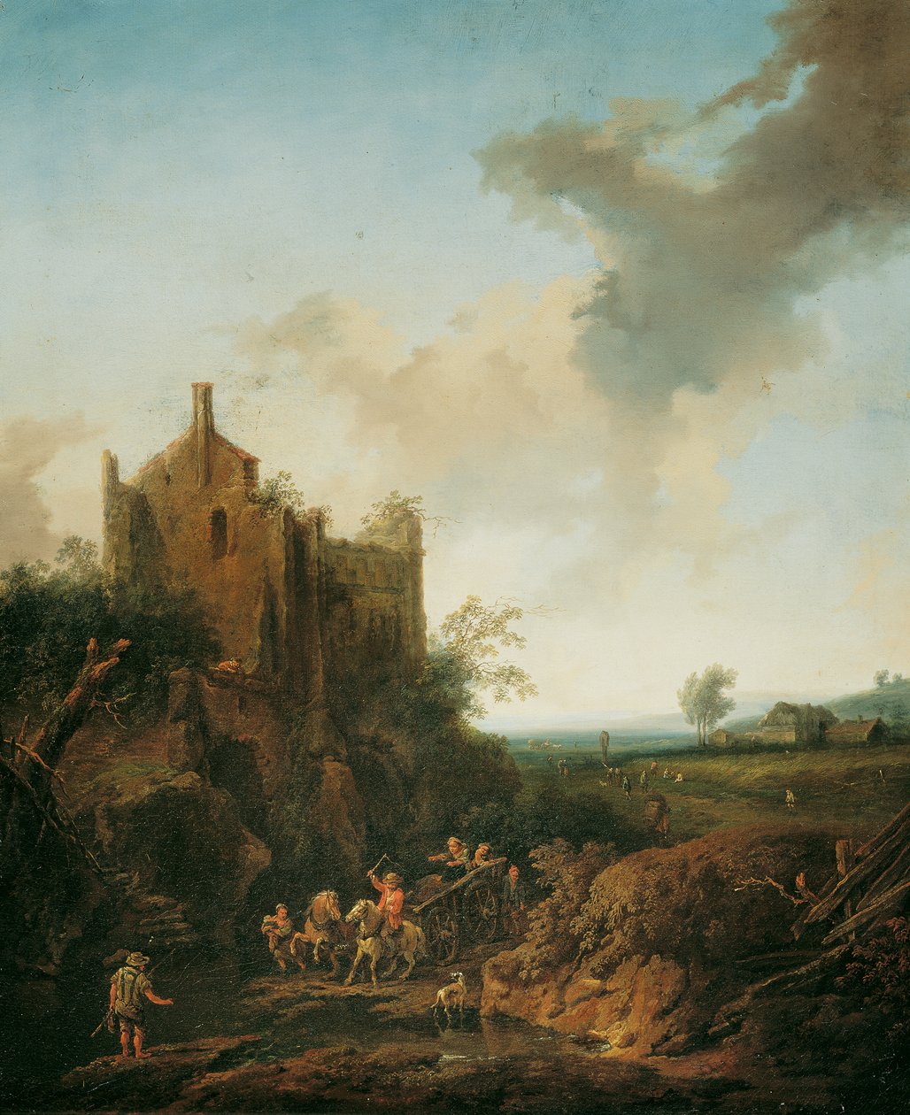 Paisagem com ruínas do castelo e carruagem puxada por cavalos de Christian Hilfgott Brand