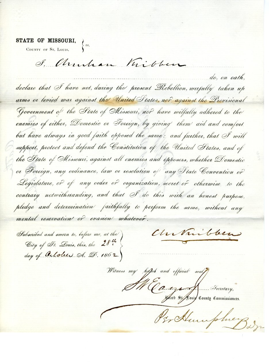 Juramento de lealdade de Christian Kribben do Missouri, Condado de St.Louis de Christian Kribben